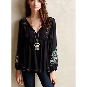 Anthropologie Floreat Black Embroidered Top